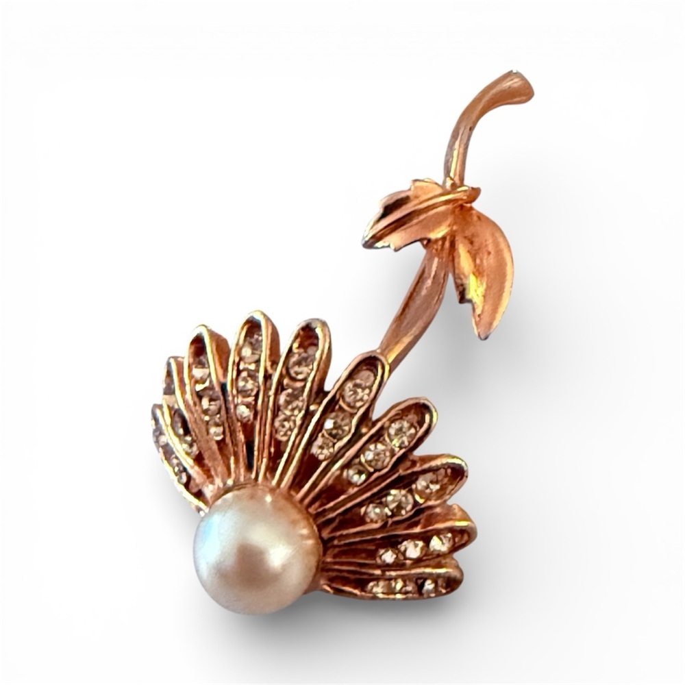 Vintage Mid Century Gold, Pearl & Rhinestone Flower Brooch, 2” Tall, Estate